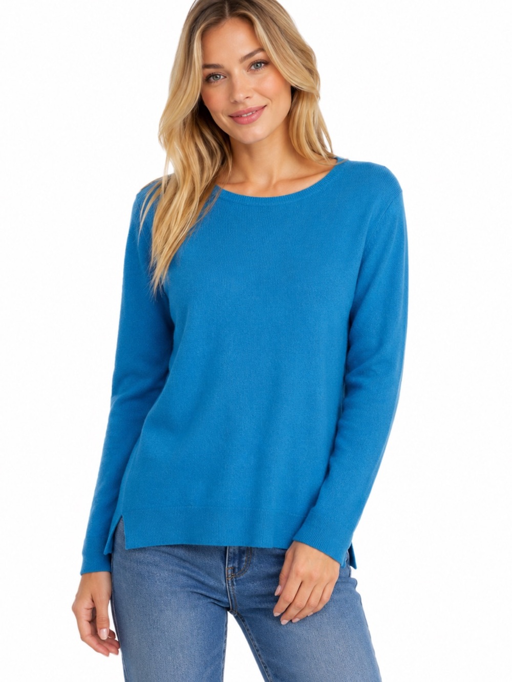Neiman Marcus 100% Cashmere Sweater Women’ L Blue Crew Neck Luxury Knit Pullover
